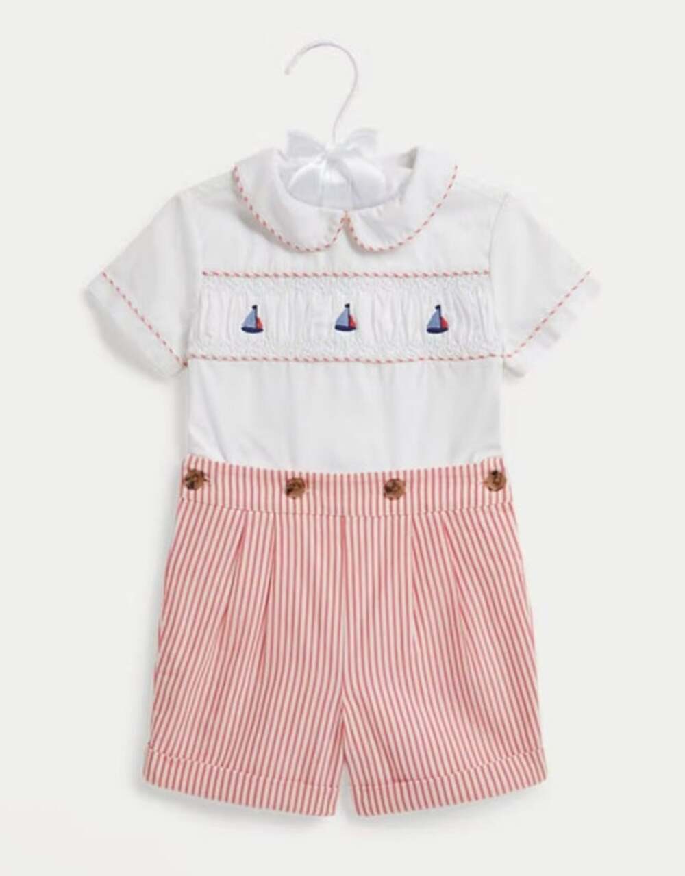 Polo Ralph Lauren Boy's Smocked Cotton Shirt & Striped Shorts Size 3M